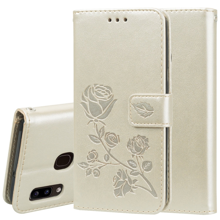 Pressed Printing Rose Pattern Horizontal Flip PU Leather Case with Holder & Card Slots & Wallet, For Galaxy A20e, For Galaxy A2 Core