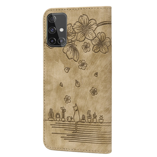 Cartoon Sakura Cat Embossed Leather Phone Case, For Samsung Galaxy A71 4G