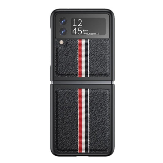 Litchi Texture Genuine Leather Color Strip Phone Case, For Samsung Galaxy Z Flip3 5G, For Samsung Galaxy Z Flip4