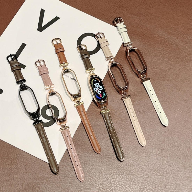 D-shaped Steel + Genuine Leather Watch Band, For Xiaomi Mi Band 3 / 4, For Xiaomi Mi Band 5 / 6, For Xiaomi Mi Band 7