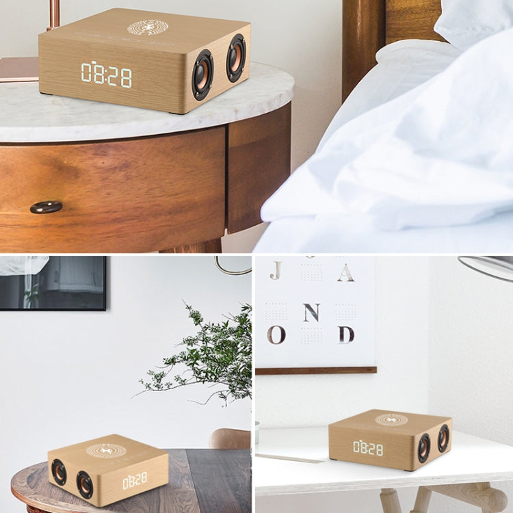 Q5A Multifunctional Wooden Touch Clock Display Wireless Charging Bluetooth Speaker, Support TF Card & U Disk & 3.5mm AUX, Q5A