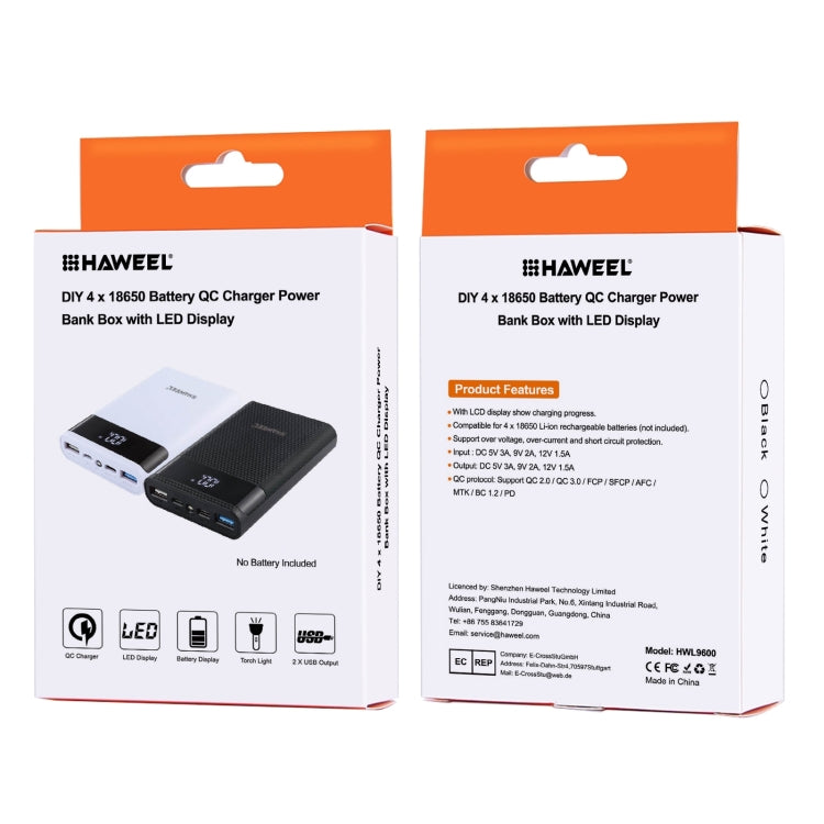 HAWEEL DIY 4x 18650 Battery (Not Included) 12000mAh Dual-way QC Charger Power Bank Shell Box with 2x USB Output & Display, Support QC 2.0 / QC 3.0 / FCP / SFCP / AFC / MTK / BC 1.2 / PD, DIY 4x 18650 Batteries 12000mAh