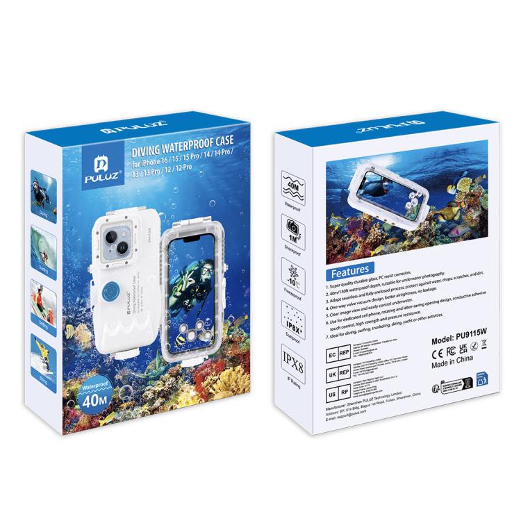 PULUZ 40m/130ft Waterproof Diving Case for iPhone 16 / 15 / 15 Pro / 14 / 14 Pro / 13 / 13 Pro / 12 / 12 Pro, with One-way Valve Photo Video Taking Underwater Housing Cover, For iPhone 14 / 14 Pro