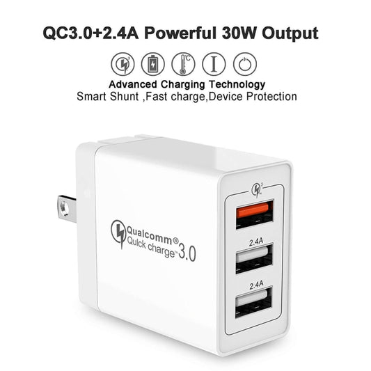 SDC-30W 2 in 1 USB to 8 Pin Data Cable + 30W QC 3.0 USB + 2.4A Dual USB 2.0 Ports Mobile Phone Tablet PC Universal Quick Charger Travel Charger Set, US Plug, with 8 Pin Cable, US Plug
