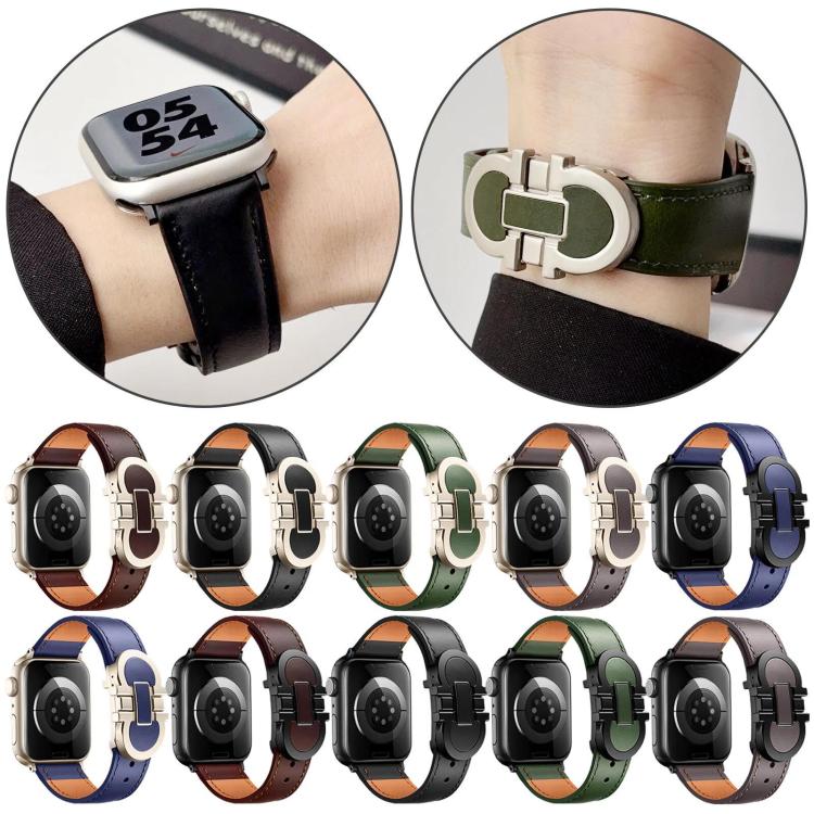 Double G Magnetic Buckle Genuine Leather Watch Band, For Apple Watch 46mm / 49mm / 45mm / 44mm, For Apple Watch 42mm / 41mm / 40mm / 38mm
