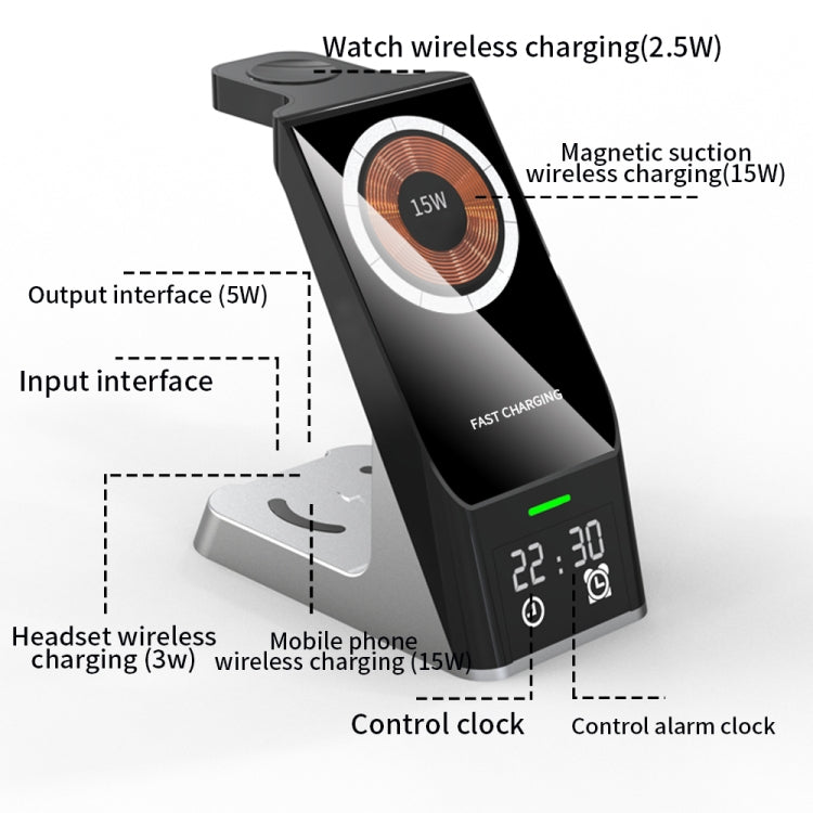 H27 15W 6 In 1 With Clock Function Magnetic Phone Wireless Charger For iWatch/AirPods, H27