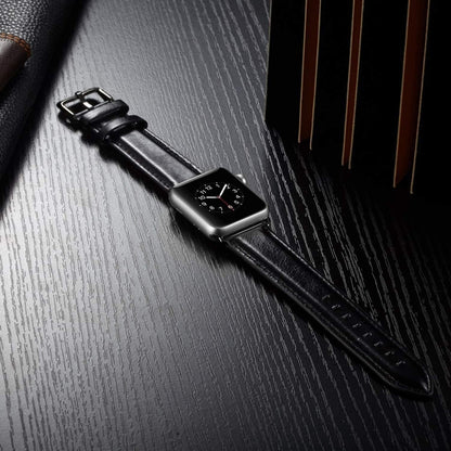 Black Buckle Leather Watch Band For Apple Watch Series 10 42mm / 9&8&7 41mm / SE 3&SE 2&6&SE&5&4 40mm / 3&2&1 38mm, For Apple Watch Series 8&7 41mm / SE 2&6&SE&5&4 40mm / 3&2&1 38mm