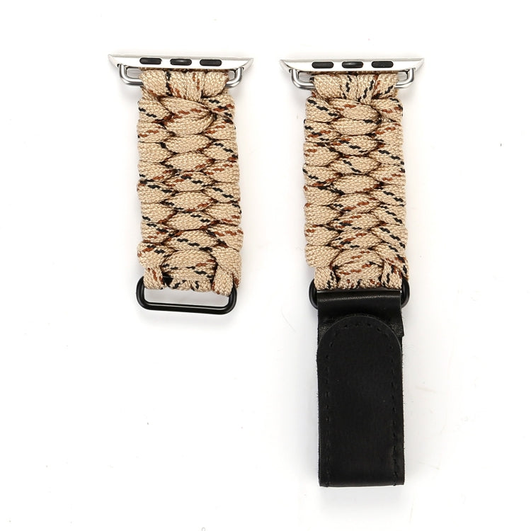 Magic Paste Genuine Leather Umbrella Rope Nylon Wrist Watch Band with Stainless Steel Buckle for Apple Watch Ultra 49mm&Watch Ultra 2 49mm / Series 10 46mm / 9&8&7 45mm / SE 3&SE 2&6&SE&5&4 44mm / 3&2&1 42mm, 7 45mm / 6&SE&5&4 44mm / 3&2&1 42mm