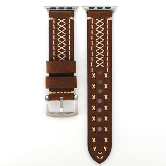 For Apple Watch Ultra 49mm&Watch Ultra 2 49mm / Series 10 46mm / 9&8&7 45mm / SE 3&SE 2&6&SE&5&4 44mm / 3&2&1 42mm Manual Line Pattern Genuine Leather Wrist Watch Band, For 42mm