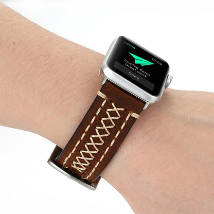 For Apple Watch Ultra 49mm&Watch Ultra 2 49mm / Series 10 46mm / 9&8&7 45mm / SE 3&SE 2&6&SE&5&4 44mm / 3&2&1 42mm Manual Line Pattern Genuine Leather Wrist Watch Band, For 42mm