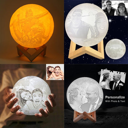 Customized Touch Switch 3-color 3D Print Moon Lamp USB Charging Energy-saving LED Night Light with Wooden Holder Base, 10cm, 15cm