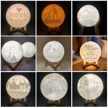 Customized Patted 3-color 3D Print Moon Lamp USB Charging Energy-saving LED Night Light with Wooden Holder Base, 8cm, 10cm, 13cm, 15cm, 18cm, 20cm