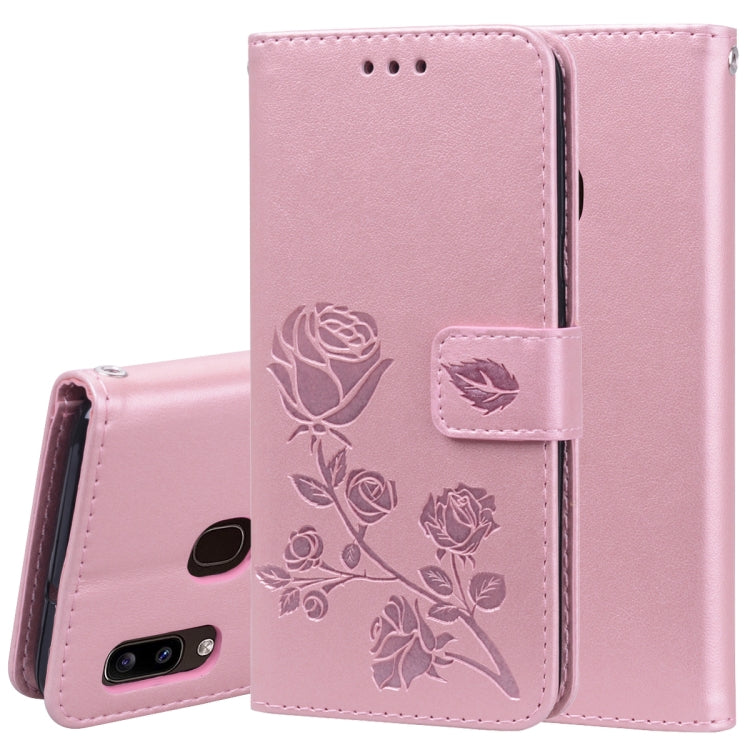 Pressed Printing Rose Pattern Horizontal Flip PU Leather Case with Holder & Card Slots & Wallet, For Galaxy A20e, For Galaxy A2 Core