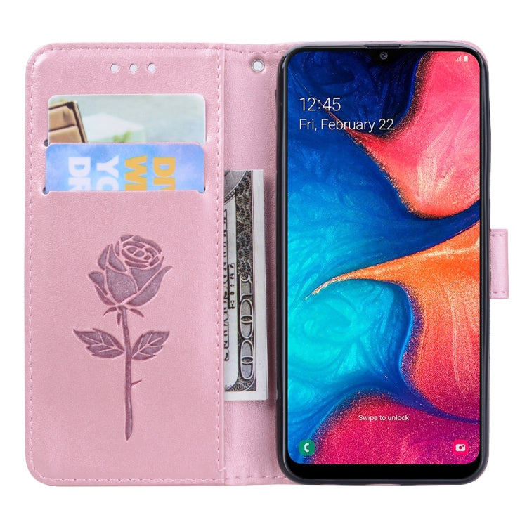 Pressed Printing Rose Pattern Horizontal Flip PU Leather Case with Holder & Card Slots & Wallet, For Galaxy A20e, For Galaxy A2 Core