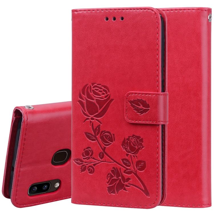 Pressed Printing Rose Pattern Horizontal Flip PU Leather Case with Holder & Card Slots & Wallet, For Galaxy A20e, For Galaxy A2 Core