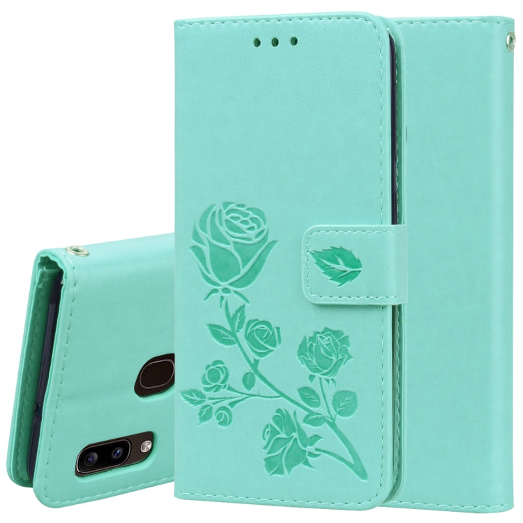 Pressed Printing Rose Pattern Horizontal Flip PU Leather Case with Holder & Card Slots & Wallet, For Galaxy A20e, For Galaxy A2 Core
