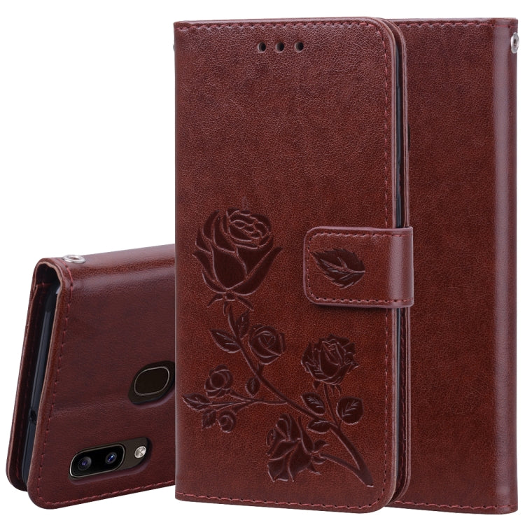 Pressed Printing Rose Pattern Horizontal Flip PU Leather Case with Holder & Card Slots & Wallet, For Galaxy A20e, For Galaxy A2 Core
