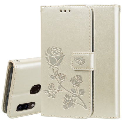 Pressed Printing Rose Pattern Horizontal Flip PU Leather Case with Holder & Card Slots & Wallet, For Galaxy A20e