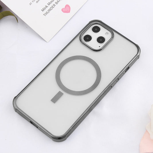 Straight Side Laser Plating Full Coverage Clear TPU Shockproof Magsafe Case, For iPhone 12 Pro Max