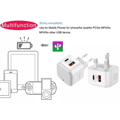 20W PD + QC 3.0 Dual Ports Travel Charger Power Adapter,, US Plug, EU Plug, UK Plug