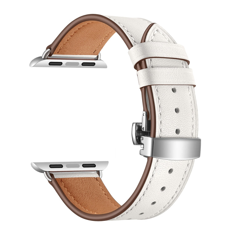 Genuine Leather + Butterfly Silver Buckle Replacement Watchbands For Apple Watch Series 6 & SE & 5 & 4 44mm / 3 & 2 & 1 42mm, Silver Buckle For Apple Watch Series 7 45mm / 6 & SE & 5 & 4 44mm / 3 & 2 & 1 42mm