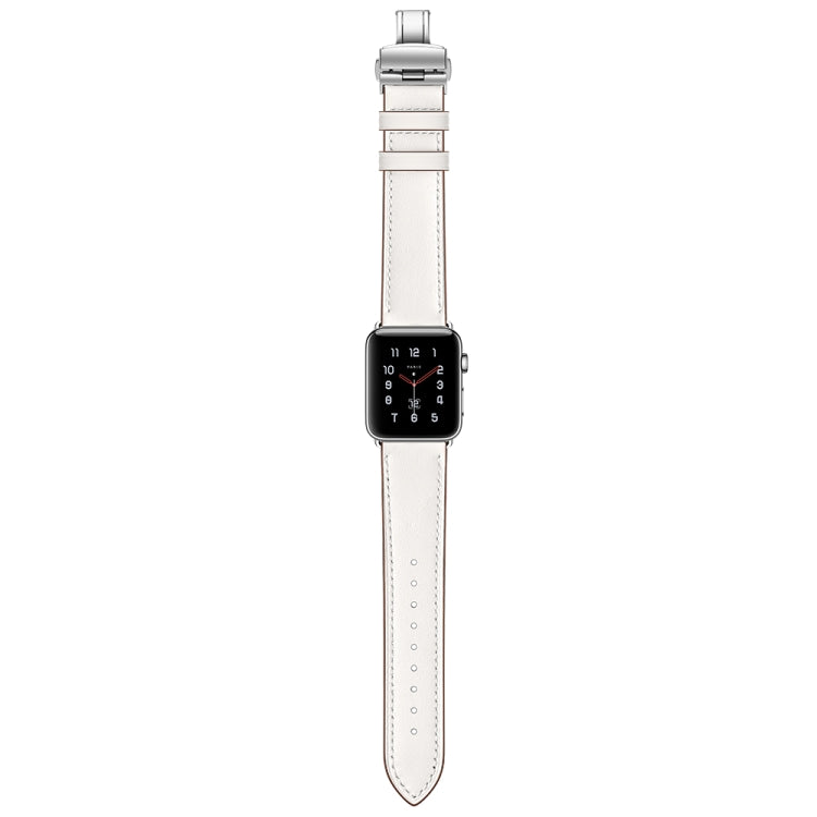 Genuine Leather + Butterfly Silver Buckle Replacement Watchbands For Apple Watch Series 6 & SE & 5 & 4 44mm / 3 & 2 & 1 42mm, Silver Buckle For Apple Watch Series 7 45mm / 6 & SE & 5 & 4 44mm / 3 & 2 & 1 42mm
