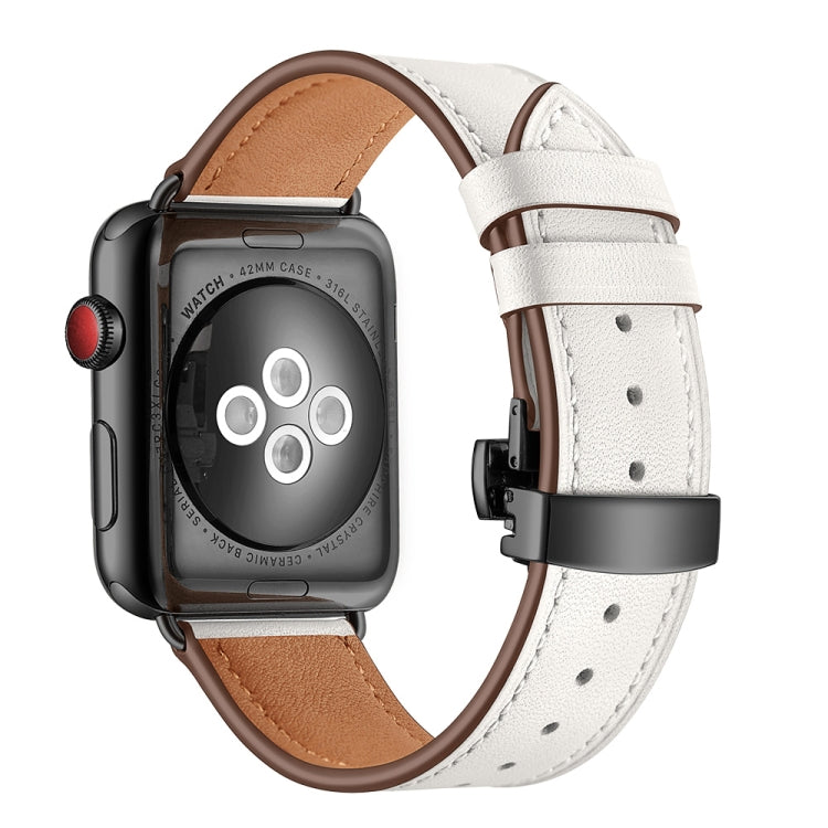 Genuine Leather + Butterfly Black Buckle Replacement Watchbands For Apple Watch Series 6 & SE & 5 & 4 44mm / 3 & 2 & 1 42mm, Black Buckle For Apple Watch Series 7 45mm / 6 & SE & 5 & 4 44mm / 3 & 2 & 1 42mm                                              ...