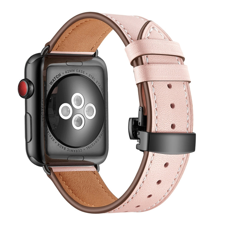 Genuine Leather + Butterfly Black Buckle Replacement Watchbands For Apple Watch Series 6 & SE & 5 & 4 44mm / 3 & 2 & 1 42mm, Black Buckle For Apple Watch Series 7 45mm / 6 & SE & 5 & 4 44mm / 3 & 2 & 1 42mm                                              ...