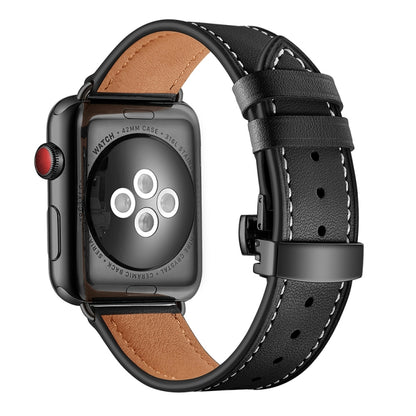 Genuine Leather + Butterfly Black Buckle Replacement Watchbands For Apple Watch Series 6 & SE & 5 & 4 44mm / 3 & 2 & 1 42mm, Black Buckle For Apple Watch Series 7 45mm / 6 & SE & 5 & 4 44mm / 3 & 2 & 1 42mm                                              ...