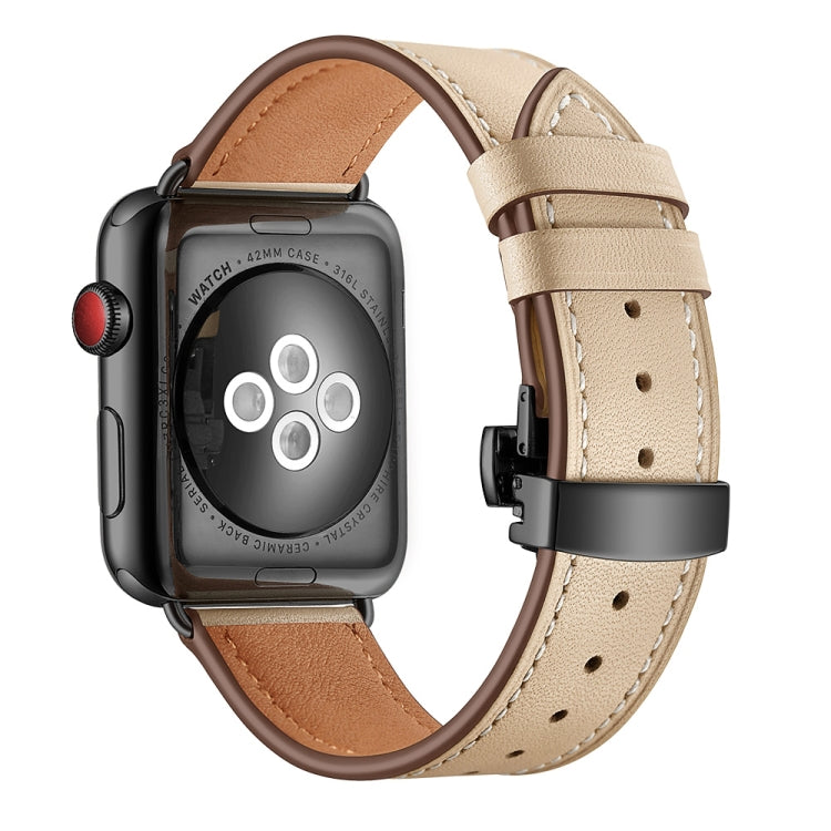 Genuine Leather + Butterfly Black Buckle Replacement Watchbands For Apple Watch Series 6 & SE & 5 & 4 44mm / 3 & 2 & 1 42mm, Black Buckle For Apple Watch Series 7 45mm / 6 & SE & 5 & 4 44mm / 3 & 2 & 1 42mm                                              ...