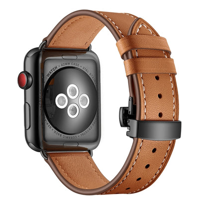 Genuine Leather + Butterfly Black Buckle Replacement Watchbands For Apple Watch Series 6 & SE & 5 & 4 44mm / 3 & 2 & 1 42mm, Black Buckle For Apple Watch Series 7 45mm / 6 & SE & 5 & 4 44mm / 3 & 2 & 1 42mm                                              ...