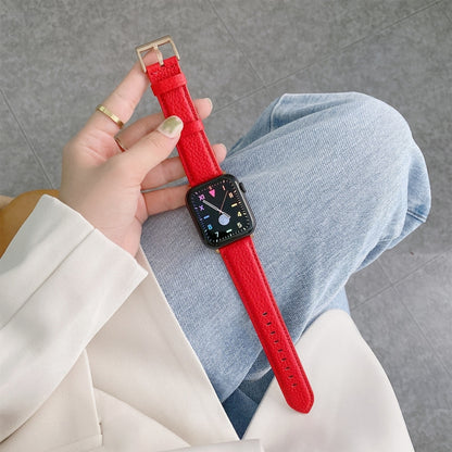Sewing Thread Lychee Texture Leather Replacement Watchbands, For Apple Watch Ultra 49mm / Series 8&7 45mm / SE 2&6&SE&5&4 44mm / 3&2&1 42mm, For Series 7 41mm / 6 & SE & 5 & 4 40mm / 3 & 2 & 1 38mm