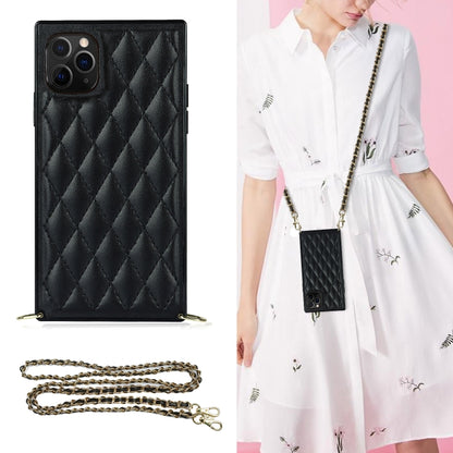 Elegant Rhombic Pattern Microfiber Leather +TPU Shockproof Case with Crossbody Strap Chain, For iPhone SE 2022 / SE 2020 / 8 / 7, For iPhone 8 Plus / 7 Plus, For iPhone X / XS, For iPhone XR, For iPhone XS Max, For iPhone 11, For iPhone 11 Pro         ...