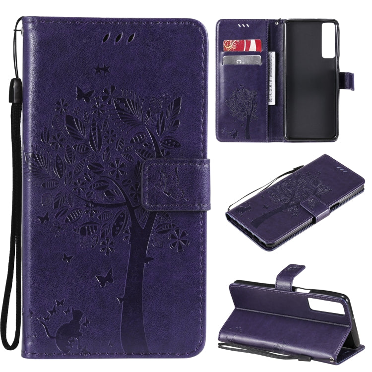 Tree & Cat Pattern Pressed Printing Horizontal Flip PU Leather Case with Holder & Card Slots & Wallet & Lanyard, For LG Stylo 7 5G / 4G, For OPPO F19 / A74 4G, For OPPO A93 5G / A74 5G, For OPPO A94 4G / F19 Pro / Reno 5F