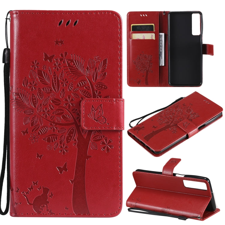 Tree & Cat Pattern Pressed Printing Horizontal Flip PU Leather Case with Holder & Card Slots & Wallet & Lanyard, For LG Stylo 7 5G / 4G, For OPPO F19 / A74 4G, For OPPO A93 5G / A74 5G, For OPPO A94 4G / F19 Pro / Reno 5F