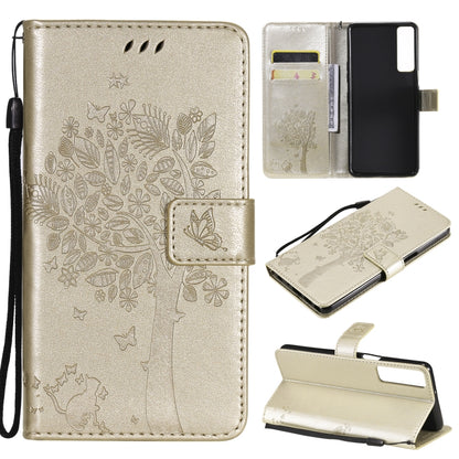 Tree & Cat Pattern Pressed Printing Horizontal Flip PU Leather Case with Holder & Card Slots & Wallet & Lanyard, For LG Stylo 7 5G / 4G, For OPPO F19 / A74 4G, For OPPO A93 5G / A74 5G, For OPPO A94 4G / F19 Pro / Reno 5F