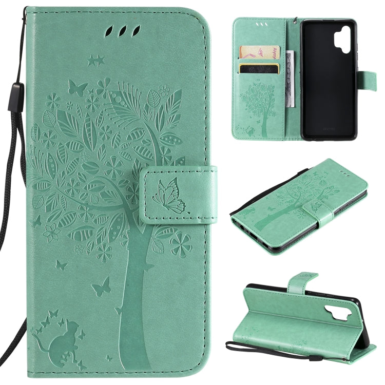 Tree & Cat Pattern Pressed Printing Horizontal Flip PU Leather Case with Holder & Card Slots & Wallet & Lanyard, For Xiaomi Redmi Note 10 4G, For Xiaomi Redmi Note 10 Pro, For Samsung Galaxy A32 4G, For Samsung Galaxy S21 FE