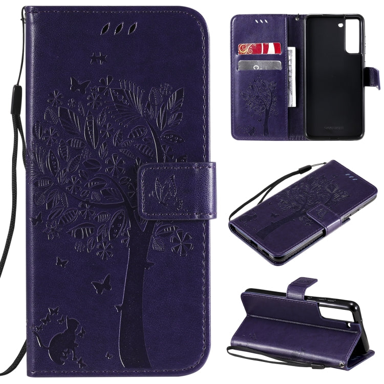 Tree & Cat Pattern Pressed Printing Horizontal Flip PU Leather Case with Holder & Card Slots & Wallet & Lanyard, For Xiaomi Redmi Note 10 4G, For Xiaomi Redmi Note 10 Pro, For Samsung Galaxy A32 4G, For Samsung Galaxy S21 FE