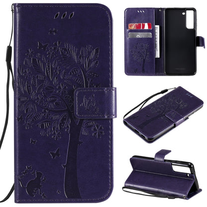 Tree & Cat Pattern Pressed Printing Horizontal Flip PU Leather Case with Holder & Card Slots & Wallet & Lanyard, For Xiaomi Redmi Note 10 4G, For Xiaomi Redmi Note 10 Pro, For Samsung Galaxy A32 4G, For Samsung Galaxy S21 FE
