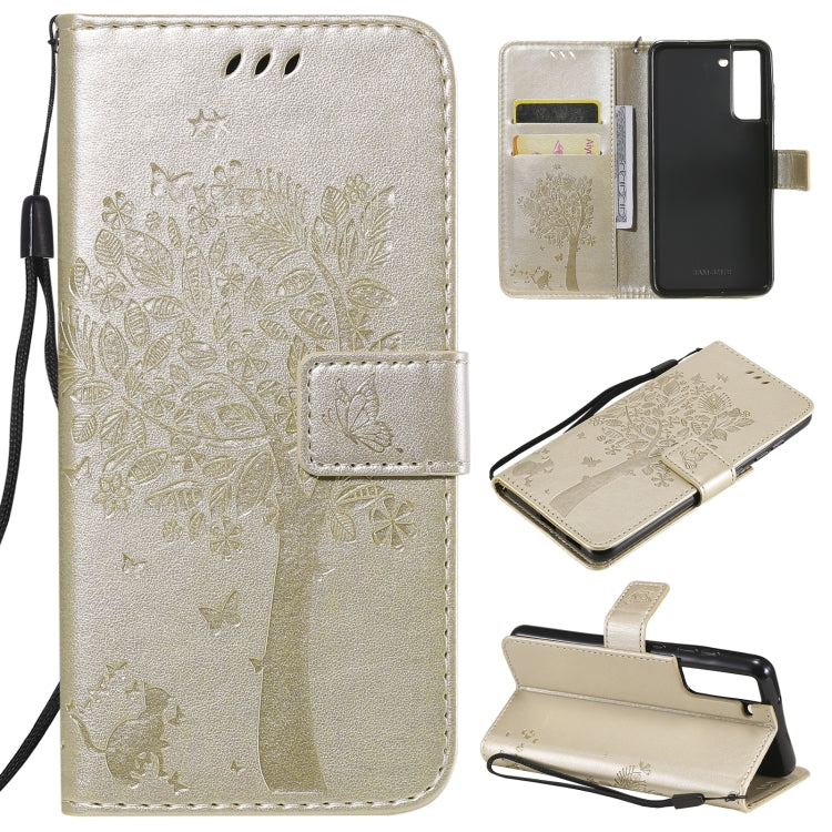 Tree & Cat Pattern Pressed Printing Horizontal Flip PU Leather Case with Holder & Card Slots & Wallet & Lanyard, For Xiaomi Redmi Note 10 4G, For Xiaomi Redmi Note 10 Pro, For Samsung Galaxy A32 4G, For Samsung Galaxy S21 FE