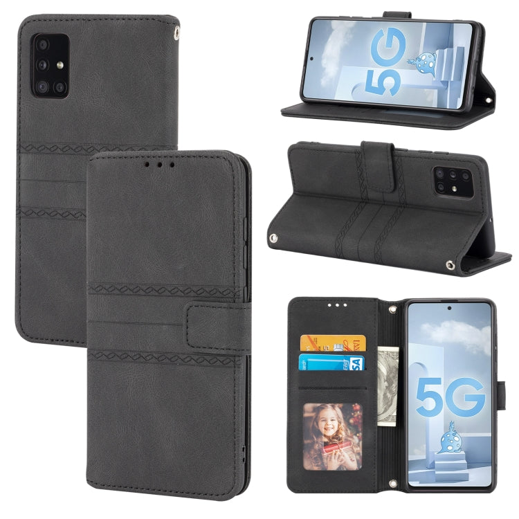 Embossed Striped Magnetic Buckle PU + TPU Horizontal Flip Leather Case with Holder & Card Slot & Wallet & Photo Frame & Sling, For Samsung Galaxy A71, For Samsung Galaxy A12 5G, For Samsung Galaxy A22 4G, For Samsung Galaxy A22 5G                      ...