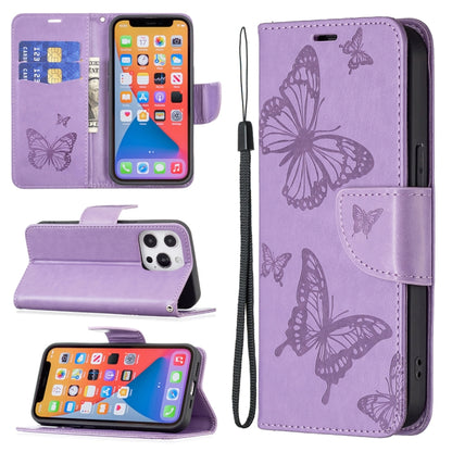 Embossing Two Butterflies Pattern Horizontal Flip PU Leather Case with Holder & Card Slot & Wallet & Lanyard, For iPhone 13 mini, For iPhone 13, For iPhone 13 Pro, For iPhone 13 Pro Max