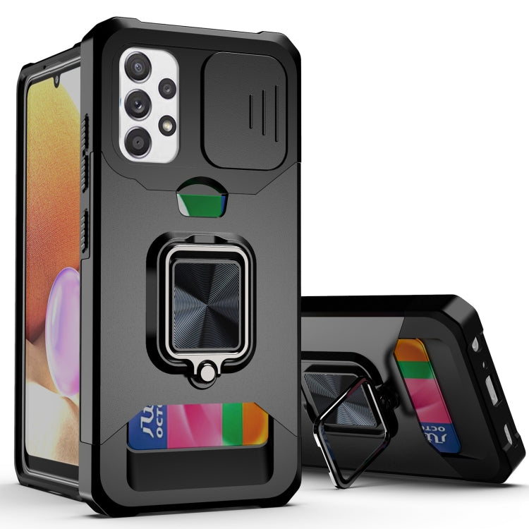 Sliding Camera Cover Design PC + TPU Shockproof Case with Ring Holder & Card Slot, For Samsung Galaxy A32 4G
