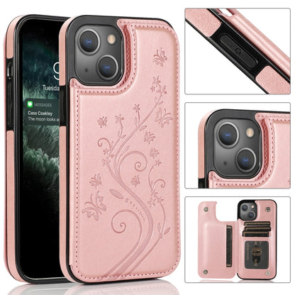 Butterflies Flowers Double Buckle PU + TPU Protective Case with Holder & Card Slots & Photo Frame, For iPhone 13 mini, For iPhone 13, For iPhone 13 Pro, For iPhone 13 Pro Max
