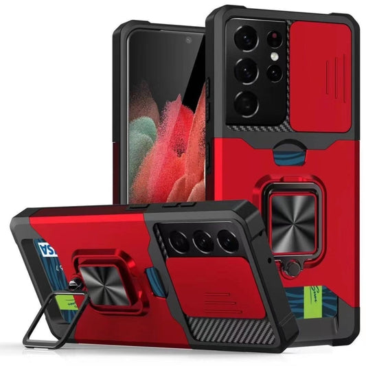 Sliding Camera Cover Design PC + TPU Shockproof Case with Ring Holder & Card Slot, For Samsung Galaxy S21 Ultra 5G