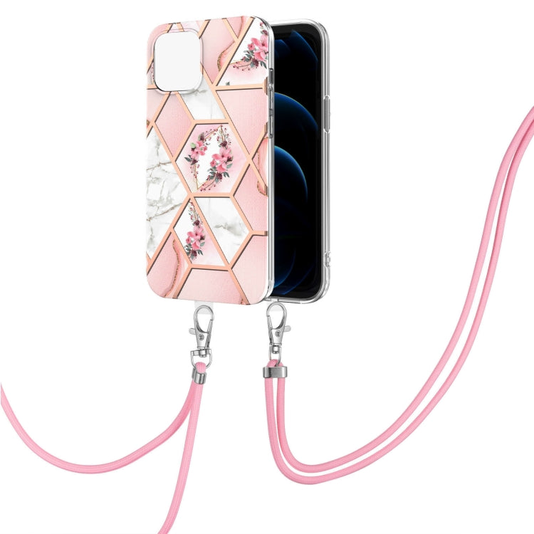 Electroplating Splicing Marble Flower Pattern TPU Shockproof Case with Lanyard, For iPhone 13 mini, For iPhone 13, For iPhone 13 Pro, For iPhone 13 Pro Max, For iPhone 12 mini, For iPhone 12 / 12 Pro, For iPhone 12 Pro Max, For iPhone 11               ...
