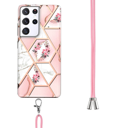 Electroplating Splicing Marble Flower Pattern TPU Shockproof Case with Lanyard, For Samsung Galaxy S21 Ultra 5G, For Samsung Galaxy S21+ 5G, For Samsung Galaxy S21 5G, For Samsung Galaxy S21 FE 5G, For Samsung Galaxy S20 Ultra, For Samsung Galaxy S20+ ...