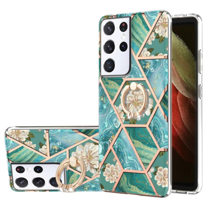 Electroplating Splicing Marble Flower Pattern TPU Shockproof Case with Rhinestone Ring Holder, For Samsung Galaxy S21  5G, For Samsung Galaxy S21+  5G, For Samsung Galaxy S21 Ultra 5G, For Samsung Galaxy S21 FE, For Samsung Galaxy S20                  ...