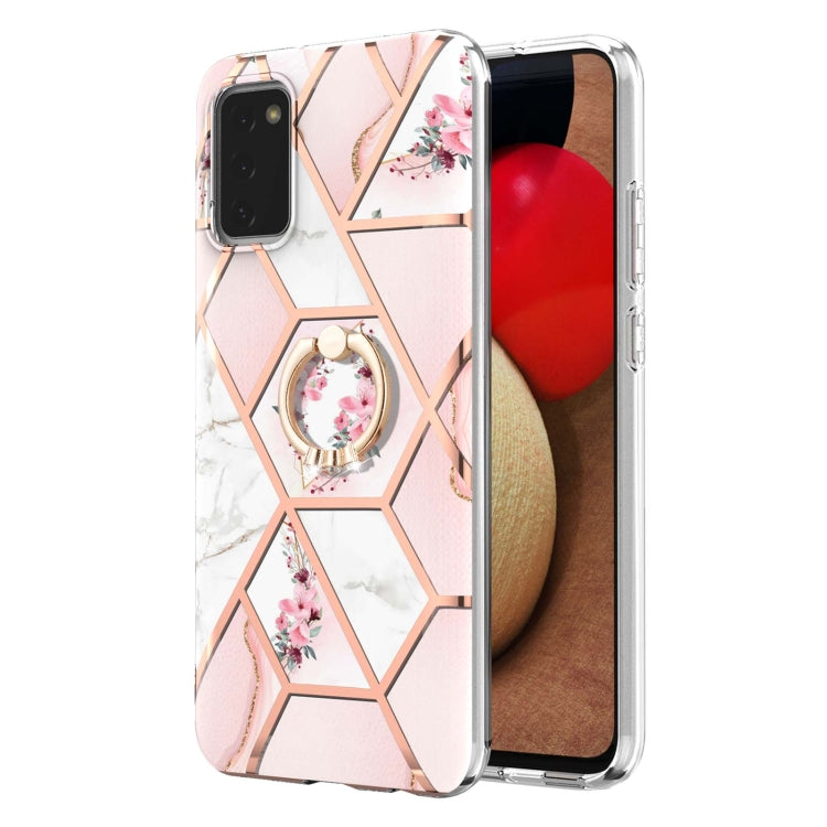 Electroplating Splicing Marble Flower Pattern TPU Shockproof Case with Rhinestone Ring Holder, For Samsung Galaxy A02s 164mm, For Samsung Galaxy A02S 166mm, For Samsung Galaxy A12 5G/F12/M12, For Samsung Galaxy A21s, For Samsung Galaxy A22 4G EU Versio...