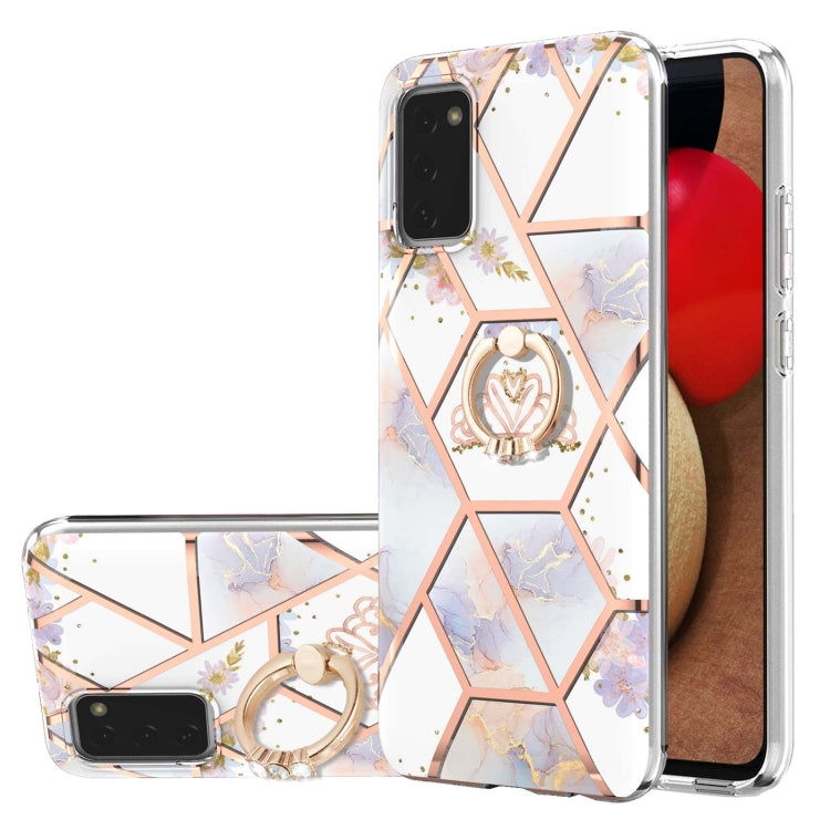 Electroplating Splicing Marble Flower Pattern TPU Shockproof Case with Rhinestone Ring Holder, For Samsung Galaxy A02s 164mm, For Samsung Galaxy A02S 166mm, For Samsung Galaxy A12 5G/F12/M12, For Samsung Galaxy A21s, For Samsung Galaxy A22 4G EU Versio...
